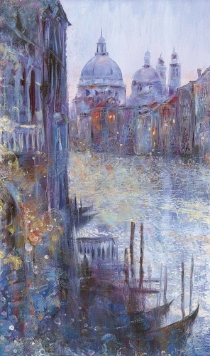 венеция, собор, гондолы, канал, живопись, абстракция, пастельные тона, импрессионизм, архитектура, вода, отражения, мечтательная атмосфера, городской пейзаж, художественный стиль, старый город, фиолетовые оттенки, текстура холста, для спальни, в гостиную, современное искусство