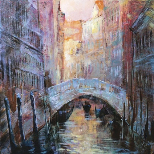 венеция, мост, канал, отражения, лодки, абстракция, импрессионизм, яркие краски, архитектура, живопись, городская сцена, вечерний свет, теплые и холодные оттенки, пастель, художественный стиль, романтическая атмосфера, текстура холста, для гостиной, в спальню, современное искусство