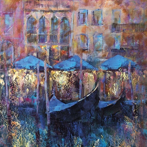 венеция, гондолы, набережная, кафе, зонты, абстракция, живопись, яркие цвета, импрессионизм, вечерний свет, отражения, архитектура, фиолетовые и синие тона, городской пейзаж, художественный стиль, текстура холста, уютная атмосфера, для гостиной, в столовую, современное искусство