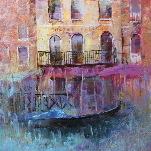 венеция, гондола, отель, балкон, абстракция, живопись, яркие краски, текстура холста, отражения в воде, архитектура, фасад здания, розовые и голубые тона, художественный стиль, импрессионизм, городской пейзаж, романтика, для гостиной, в прихожую, современное искусство, уютная атмосфера