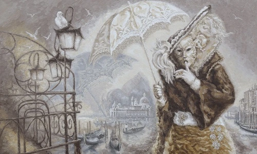 венецианский карнавал, маска, ретро стиль, сепия, гондолы, зонтик, перья, тайна, тишина, лампы, голуби, старый город, винтаж, классическая живопись, фактурная кисть, пастельные тона, театральность, архитектура Венеции, романтика, для интерьера, загадочность