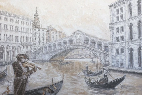 венеция, мост риальто, гондолы, скрипач, карнавальный костюм, маска, канал, старинная архитектура, пастельные тона, сепия, ретро-стиль, город на воде, живопись маслом, текстурная поверхность, исторический пейзаж, романтика, итальянская культура, музыка, венецианский стиль, спокойная атмосфера, классическое искусство