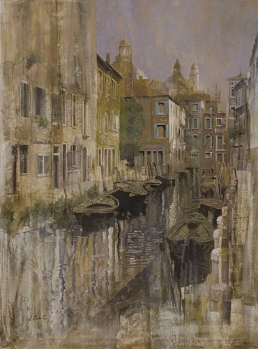 венеция, канал, гондолы, старинные дома, архитектура, узкая улица, отражения в воде, купола, винтажный стиль, пастельные тона, живопись, спокойствие, италия, старая европа, романтическая атмосфера, городской пейзаж, художественная текстура, мягкий свет, путешествия