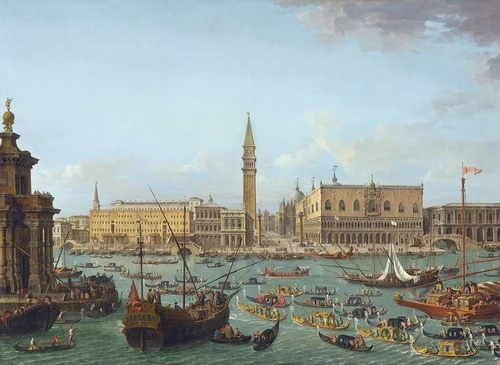 венеция, старинная гравюра, исторический порт, флотилия, гондолы, парусники, регата, площадь святого марка, башня, дворец дожей, ренессанс, архитектура, праздник, вода, люди в одежде XVIII века, карнавал, средневековье, морская сцена, история венеции, живопись, канал, город на воде, классическое искусство, музейное полотно, каналетто