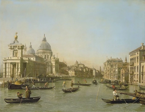 венеция, гондолы, историческая живопись, канал, город на воде, санта-мария делла салюте, архитектура барокко, купол, пейзаж, лодки, весла, люди в старинной одежде, 18 век, классическое искусство, каналетто, италия, плавание, гавань, утро, пастельные тона, светлая палитра, городской пейзаж, водный транспорт, живопись маслом, исторический жанр