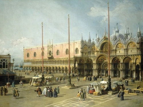 венеция, площадь святого марка, собор святого марка, готика, византийская архитектура, палаццо дукале, историческая живопись, рынок, люди в старинной одежде, 18 век, классическое искусство, каналетто, барочное убранство, городской пейзаж, туристическое место, колонны, купола, мозаики, лошади святого марка, голубое небо, венецианская республика, утро, архитектурный шедевр, живопись маслом, исторический жанр, культурное наследие