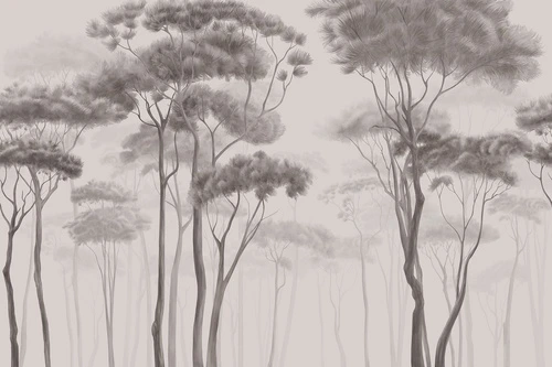 лес, сосны, туман, монохром, серые оттенки, минимализм, стиль дзен, расслабляющий, японская эстетика, высокие деревья, тонкие стволы, интерьер, современные обои, для спальни, спокойная атмосфера, художественный стиль, графика, природа, умиротворение, для офиса, нейтральные цвета, медитативный эффект