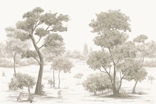 пейзаж, деревья, кустарники, винтаж, ретро стиль, монохром, пастельные тона, светлый фон, бежевые оттенки, акварель, рисованная природа, спокойствие, минимализм, мягкий контраст, классический интерьер, для спальни, для офиса, ботанический, художественный стиль, натуральные формы, безмятежность, античность