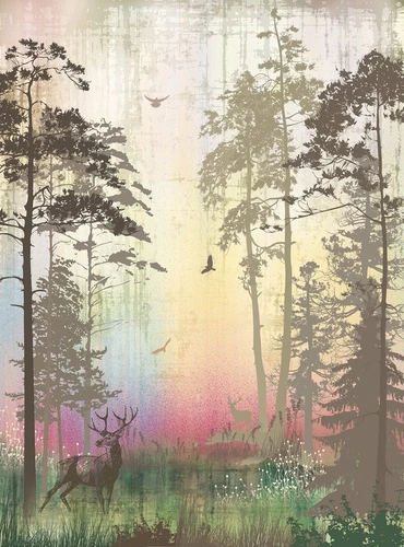 олени, лес, птицы, пастельные оттенки, художественные, силуэты деревьев, трава, животные, природа, абстракция, закат, сказочный стиль, декоративные, для спальни, в детскую, атмосферные, расширяющие пространство