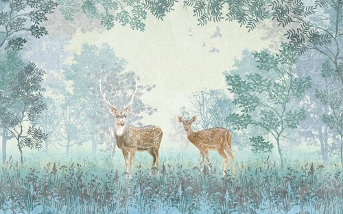 олени, лес, птицы, трава, акварель, пастельные цвета, художественные, природа, животные, сказочный стиль, силуэты деревьев, голубые и зеленые оттенки, для детской, в спальню, декоративные, атмосферные, расширяющие пространство