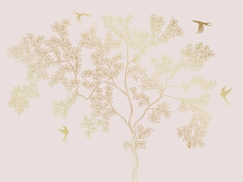 графика, розовая, светлая, золотые линии, дерево, золотые листья