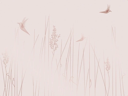 графика, розовая, светлая, медные, медный цвет обоев, трава, птицы