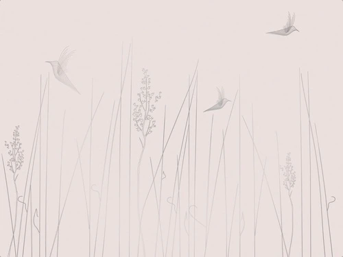 графика, розовая, светлая, обои с серебром для стен, трава, птицы