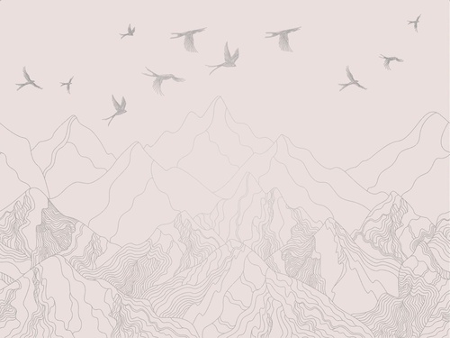 графика, розовая, светлая, с серебром, обои с серебром, обои с серебром для стен, обои светлые с серебром, горы, птицы