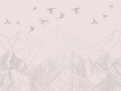 графика, розовая, светлая, с серебром, обои с серебром, обои с серебром для стен, обои светлые с серебром, горы, птицы