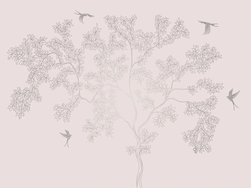графика, розовая, светлая, с серебром, обои с серебром, дерево, птицы, листья