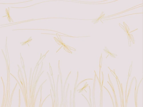 графика, розовая, светлая, белая, золотые линии, трава, стрекоза