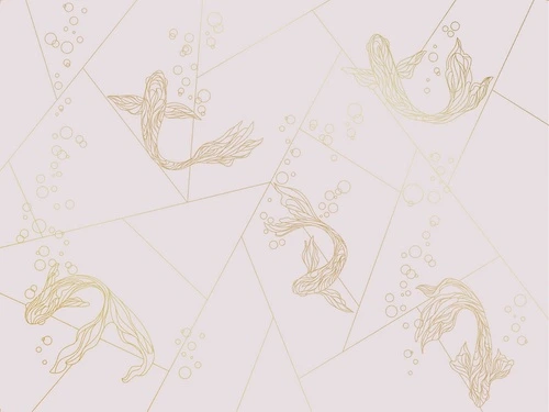 графика, розовая, белая, золотые линии, рыбы