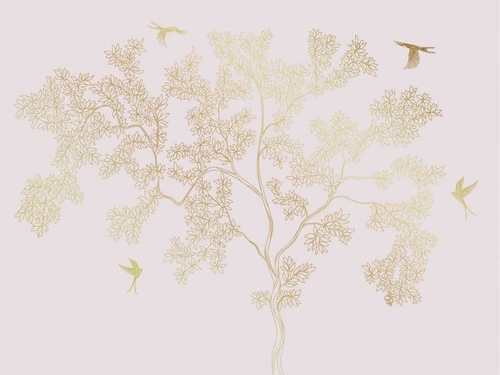 графика, светлая, белая, розовая, золотые линии, дерево, золотые листья