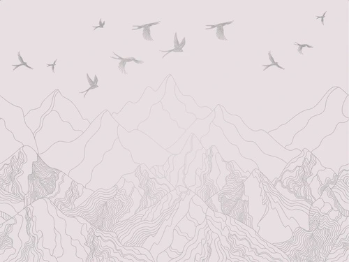 графика, светлая, белая, розовая, с серебром, горы, птицы