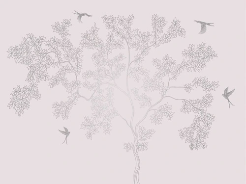 графика, светлая, белая, розовая, с серебром, дерево, листья