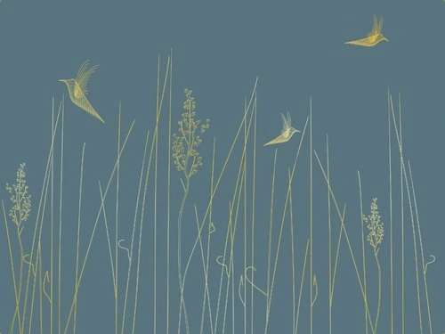 графика, золотые линии, трава, птицы, бирюзовые, темные