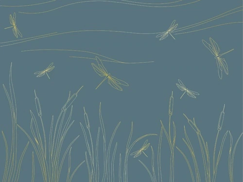 графика, золотые линии, трава, стрекозы, бирюзовые, темная