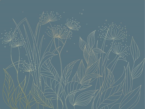 графика, золотые линии, трава, золотые листья, бирюзовые, темные