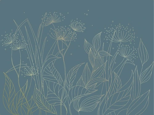 графика, золотые линии, трава, золотые листья, бирюзовые, темные