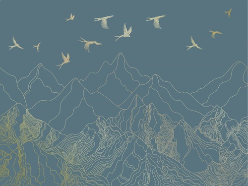 графика, золотые линии, горы, птицы, бирюзовые, темные
