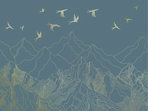 графика, золотые линии, горы, птицы, бирюзовые, темные