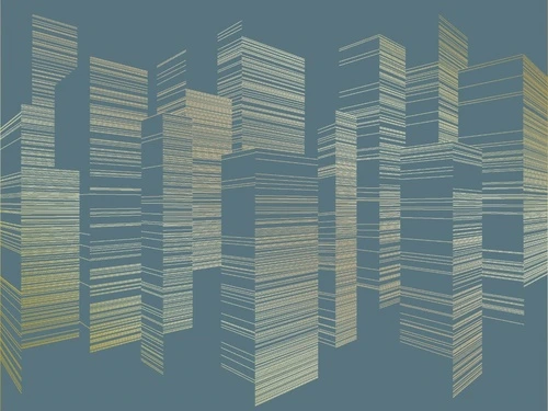 графика, золотые линии, город, дома, высотки, улица, бирюзовые, темные