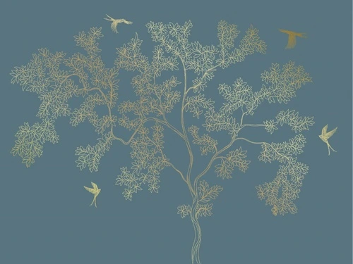 графика, золотые линии, дерево, золотые листья, бирюзовые, темные