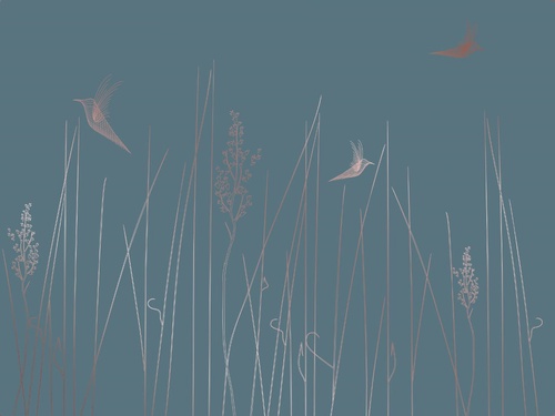 графика, медные, линии, трава, птицы, бирюзовые, темные