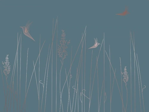 графика, медные, линии, трава, птицы, бирюзовые, темные