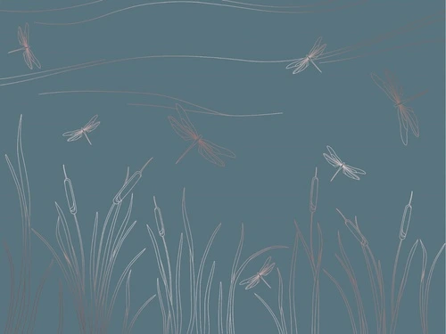 графика, медные, линии, трава, стрекозы, бирюзовые, темные