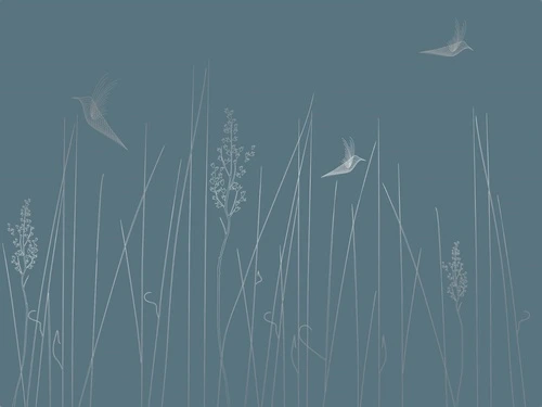 графика, с серебром, линии, трава, птицы, бирюзовые, темные