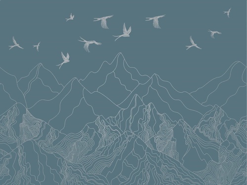 графика, с серебром, горы, птицы, бирюзовые, темные