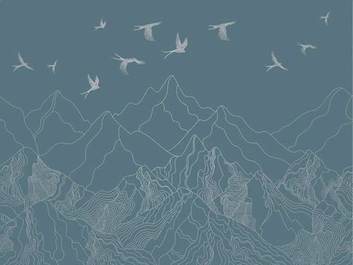 графика, с серебром, горы, птицы, бирюзовые, темные
