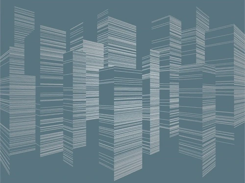 графика, с серебром, город, улица, высотные дома, бирюзовые, темные