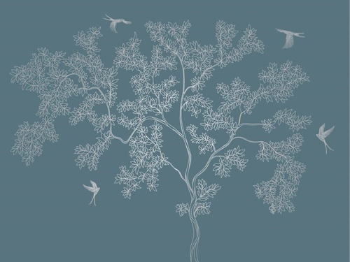 графика, дерево, листья, птицы, с серебром, бирюзовые, темные