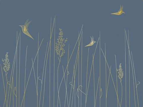 графика, золотые линии, трава, птицы, синии, темные