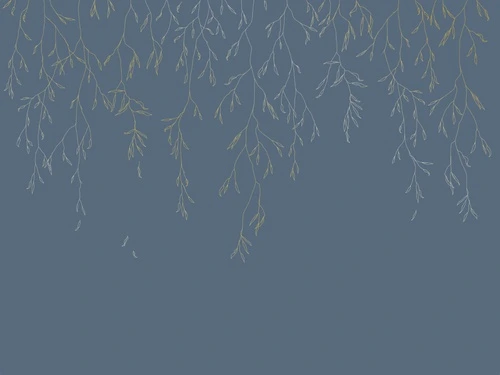 графика, золотые линии, золотые листья, ветки, синяя, темная