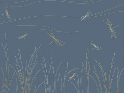 графика, золотые линии, трава, стрекозы, синяя, темная