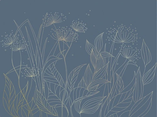 графика, золотые линии, трава, золотые листья, синяя, темная, темно-синяя