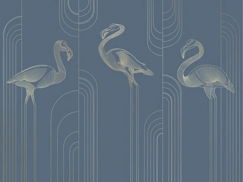 графика, золотые линии, с золотом, фламинго, синяя, темная, темно-синяя