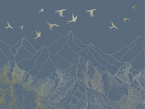 графика, золотые линии, с золотом, горы, птицы, темная, синяя, темно-синяя
