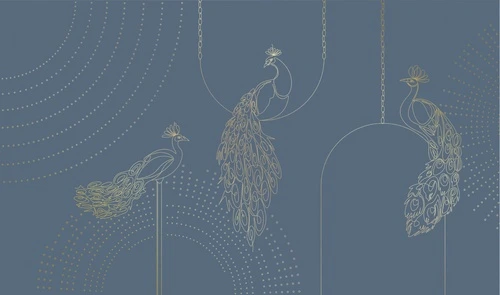 графика, золотые линии, с золотом, павлины, синяя, темная