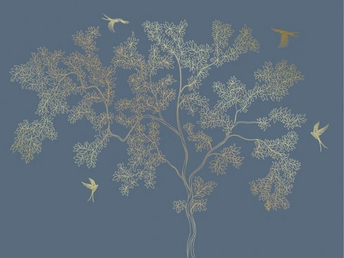 графика, золотые линии, с золотом, дерево, золотые листья, птицы