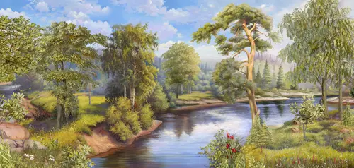облака, вода, пейзаж, цветы, растения, деревья, река, отражение, камни, небо, природа, трава, кусты, берег, лес